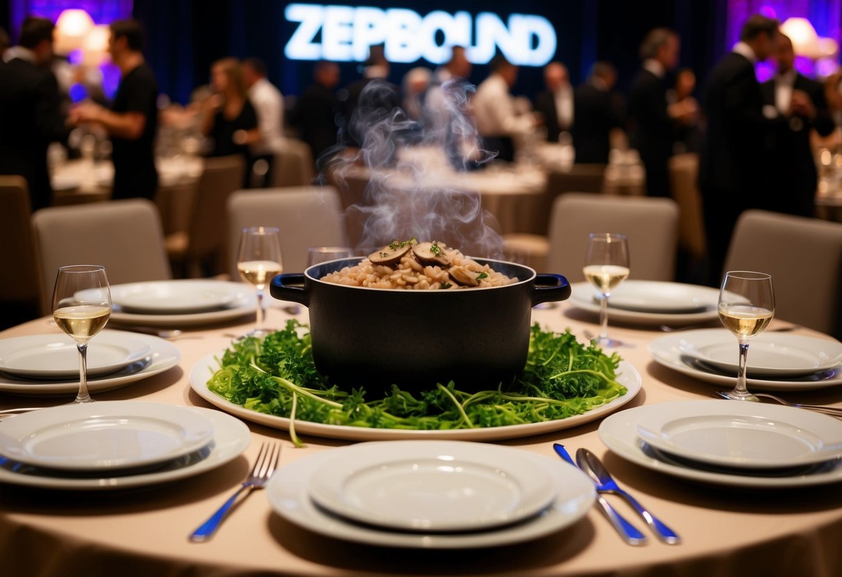 A steaming pot of mushroom risotto surrounded by 25 neatly arranged plates, with the backdrop of a lively zepbound event