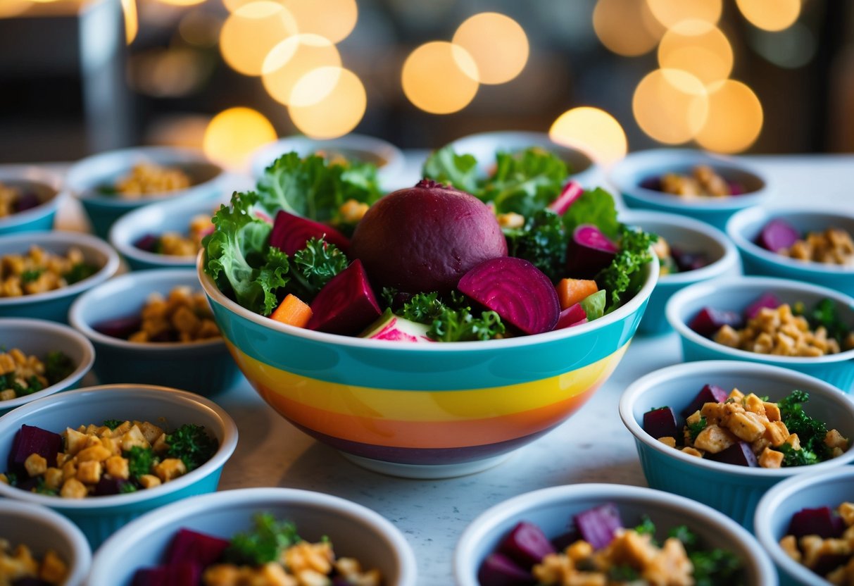 A colorful salad bowl filled with beetroot, kale, and other fresh ingredients, surrounded by 25 individual meal portions