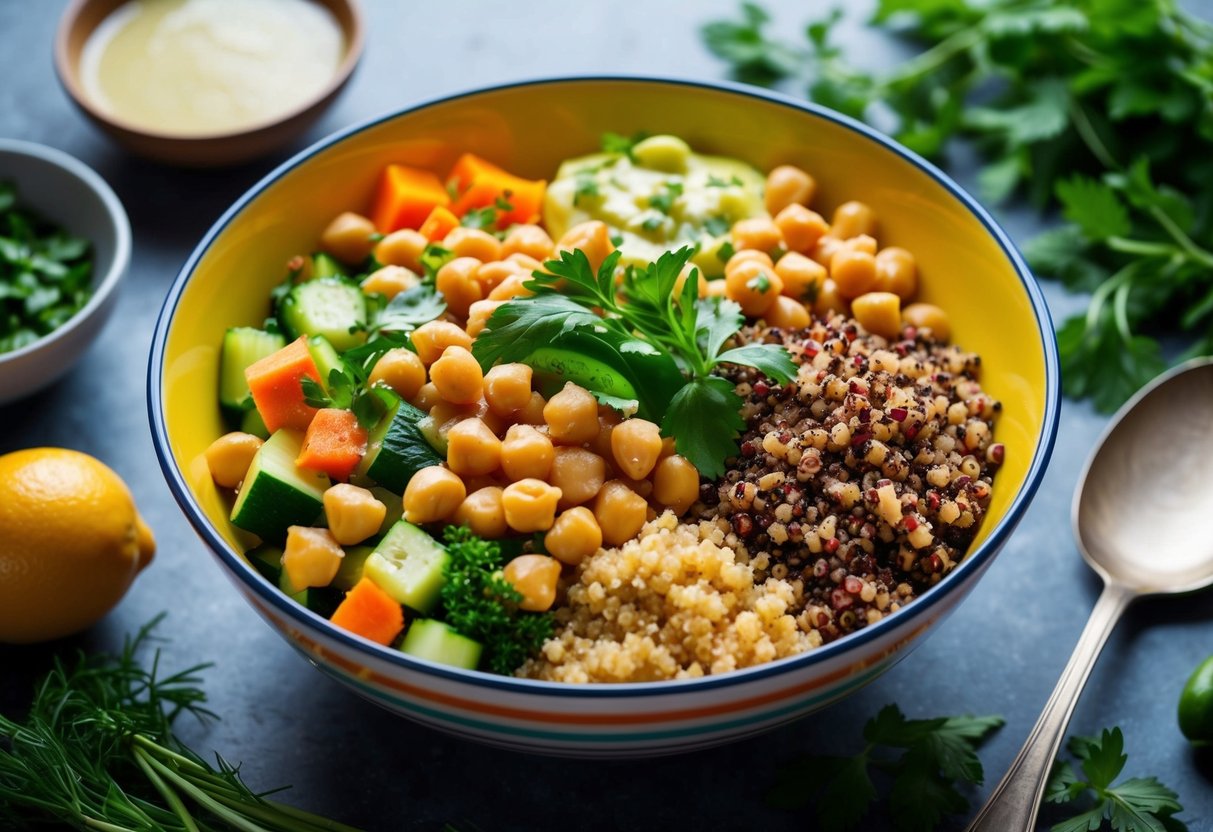 A colorful bowl filled with chickpeas, quinoa, mixed vegetables, and a light vinaigrette dressing, surrounded by fresh ingredients and herbs