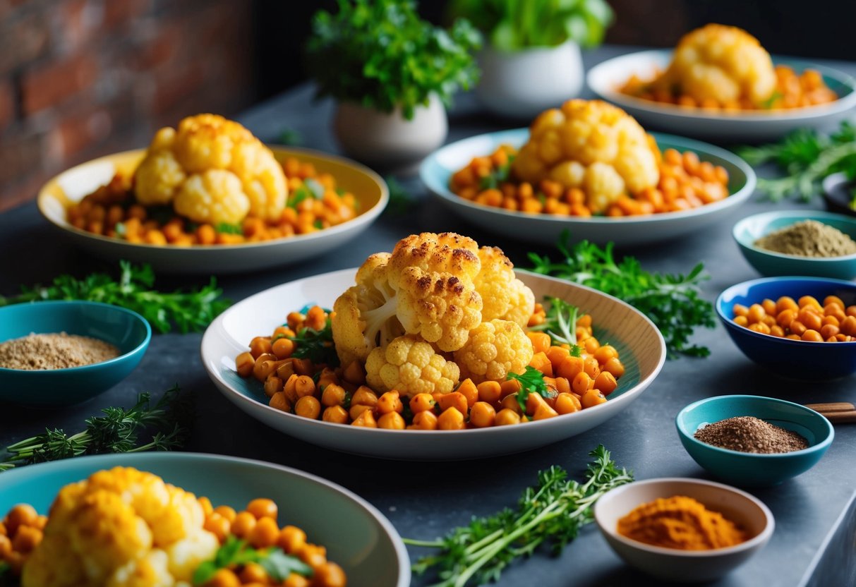 A table set with a colorful array of roasted cauliflower and chickpea dishes, surrounded by vibrant herbs and spices