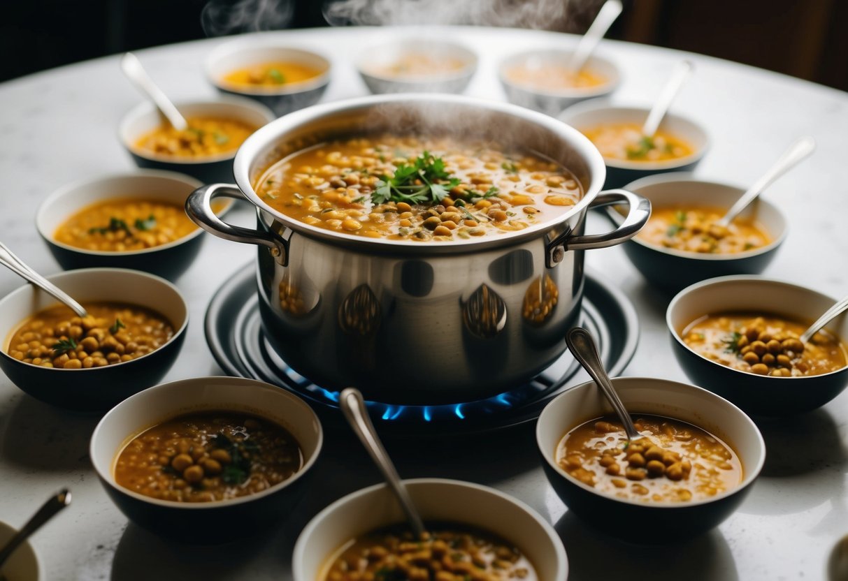 A steaming pot of spiced lentil and chickpea soup surrounded by 25 bowls on a table, with a spoon in each bowl