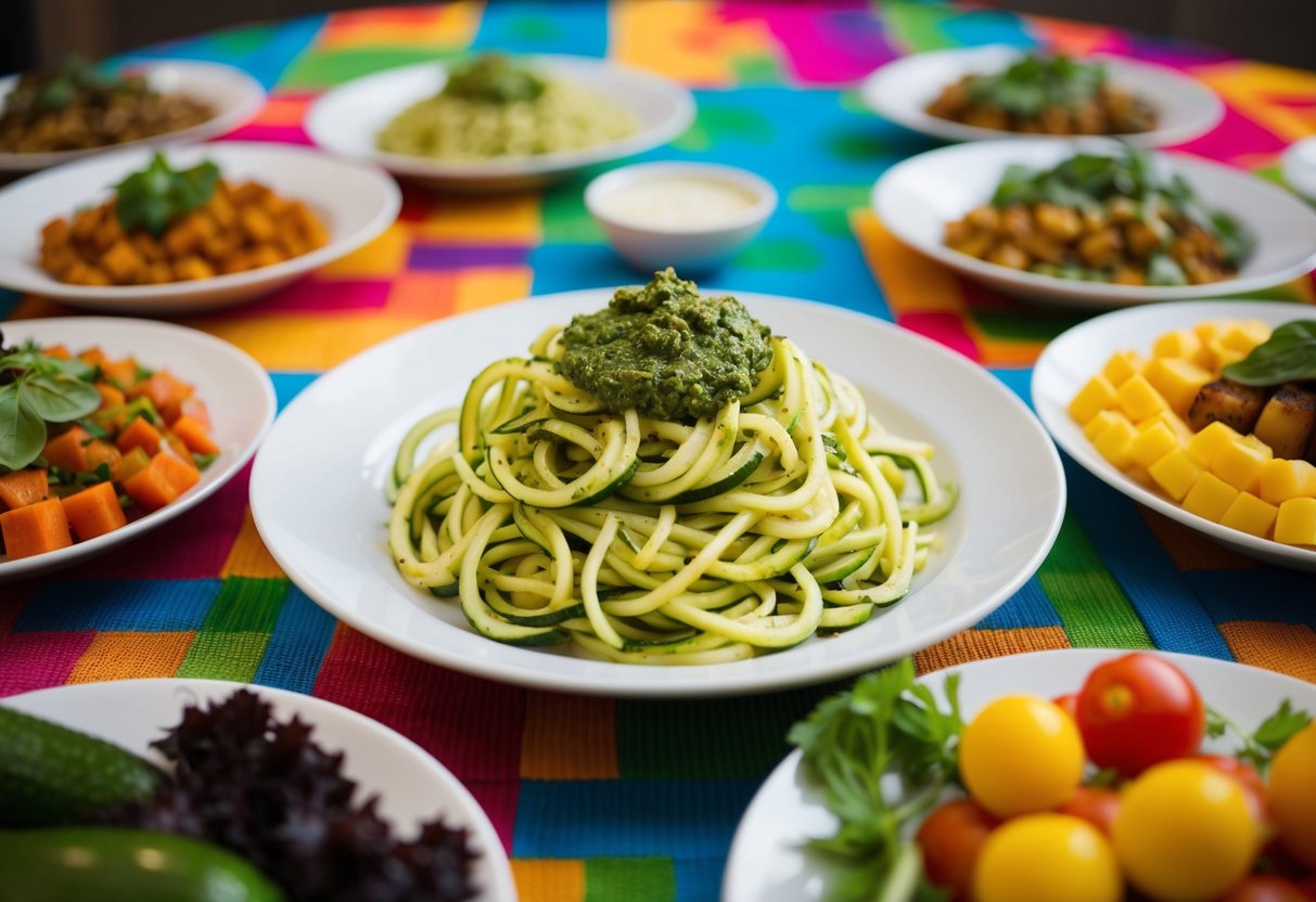 A plate of zucchini noodles topped with pesto, surrounded by 25 other colorful meals, set on a vibrant tablecloth