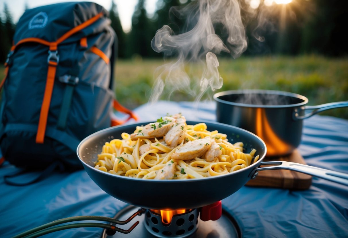 A steaming bowl of Chicken Alfredo Pasta sits on a camp stove next to a backpack and other outdoor gear