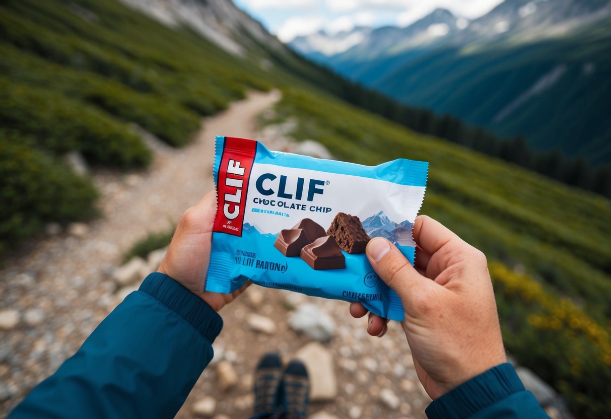 A backpacker unwraps a Clif Bar Chocolate Chip amidst a scenic mountain trail