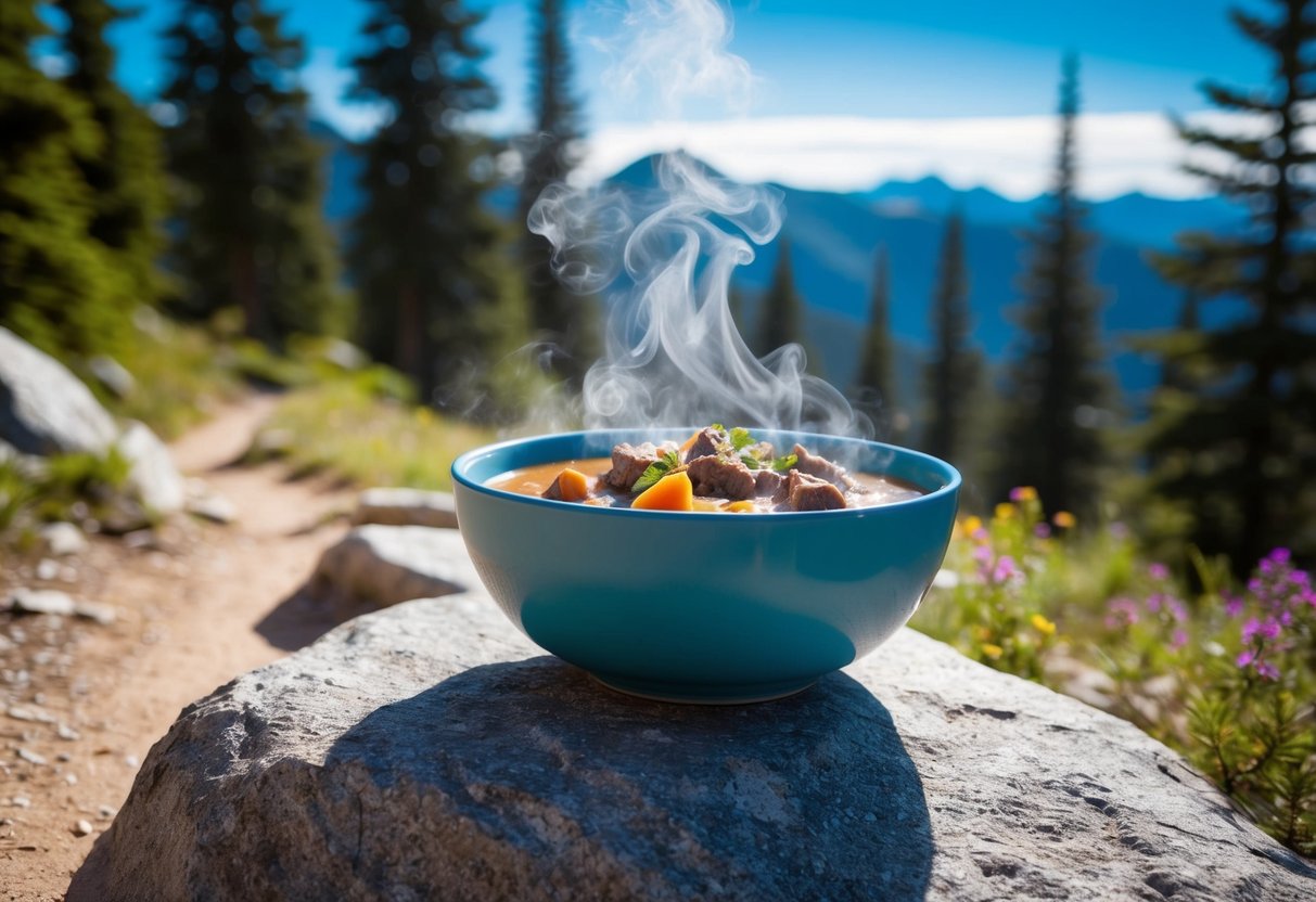 A steaming bowl of beef stroganoff sits on a rock near a mountain trail, surrounded by pine trees and a clear blue sky