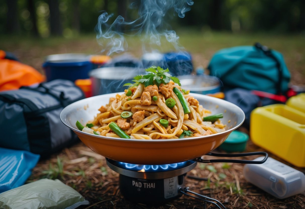 A steaming bowl of Pad Thai sits on a camp stove surrounded by scattered backpacking supplies