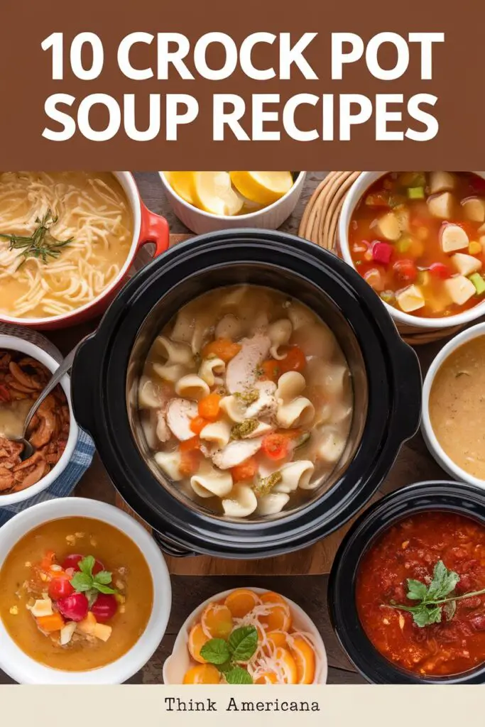 a group of soups in a crock pot and bowls