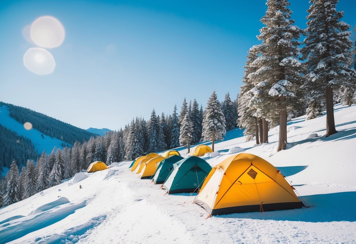 A snowy landscape with a row of four-season tents pitched on a mountain slope. Snow-covered pine trees surround the campsite, and a clear blue sky indicates a cold but sunny winter day