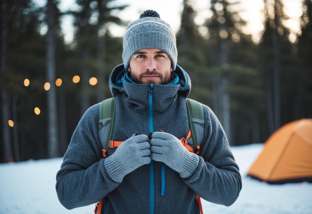 A person wearing layers of merino wool clothing prepares for winter camping