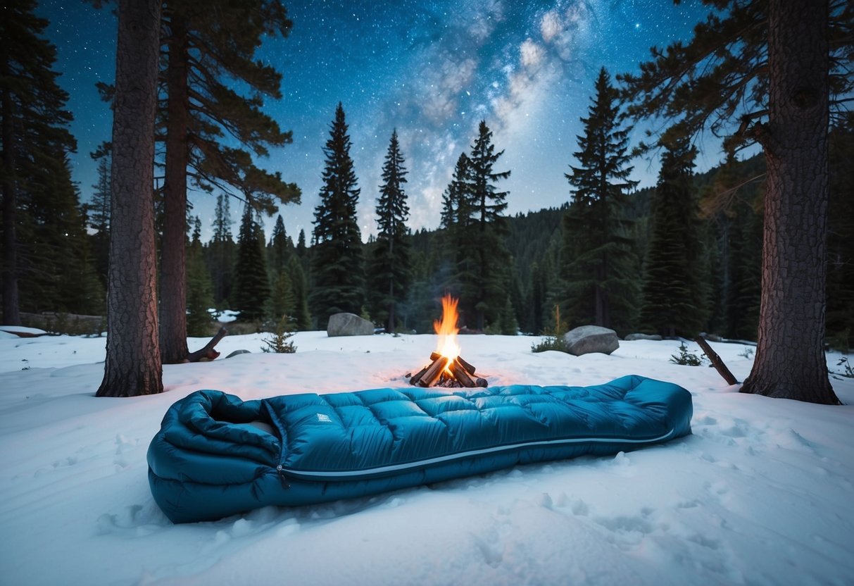 A sleeping bag lays open in a snowy forest clearing, surrounded by pine trees and a small campfire, with a starry night sky overhead