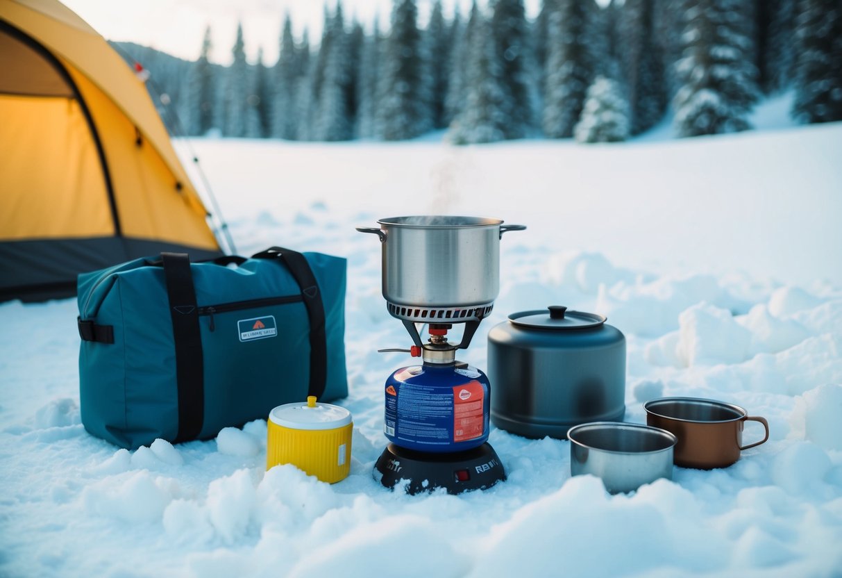 A snowy campsite with a portable gas stove surrounded by winter gear and a cozy tent in the background