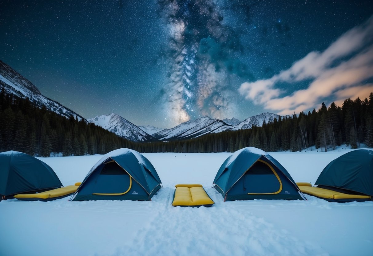 A snowy campsite with tents and insulated sleeping pads laid out under a starry night sky