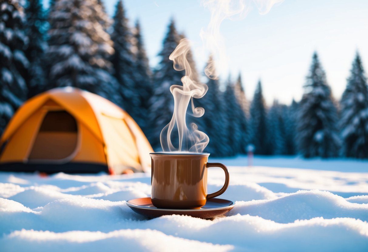 A cozy campsite with a steaming mug of tea or hot chocolate, surrounded by snowy trees and a clear winter sky