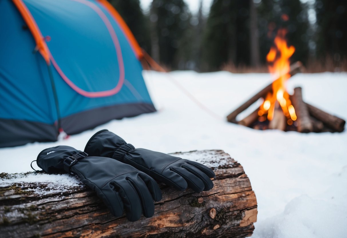 Snowy campsite with a pair of waterproof gloves lying on a log next to a tent and a campfire