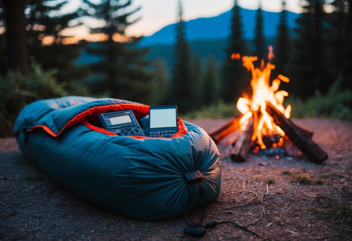 Electronics nestled in a sleeping bag next to a cozy campfire