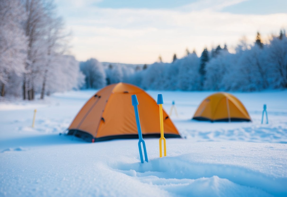 Snow stakes secure tents in snowy landscape with icy trees and clear blue sky