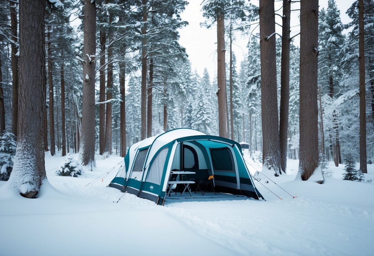 A peaceful campsite nestled among snow-covered trees, shielded from the biting winter wind