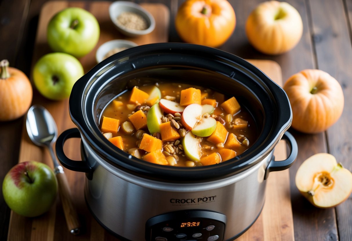 A crock pot filled with butternut squash, apples, and other ingredients simmering to create a hearty soup