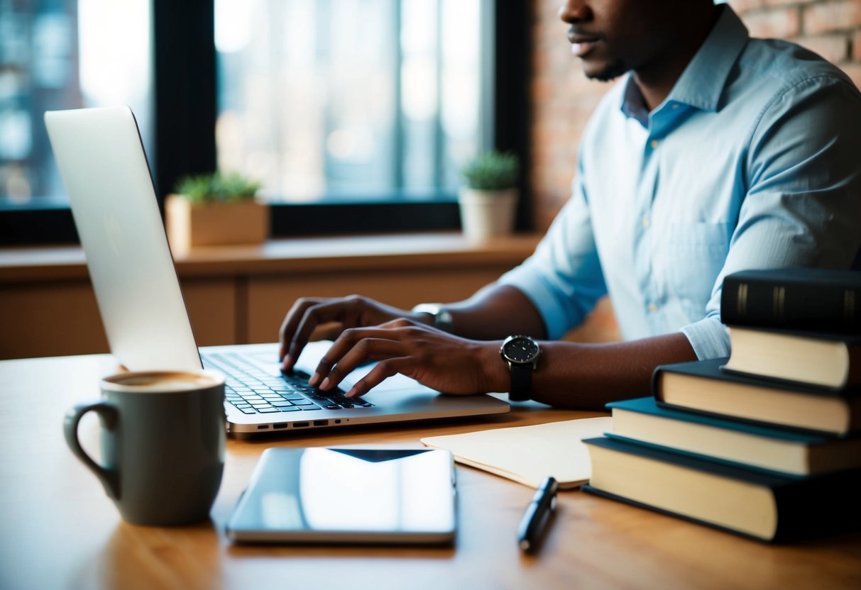 A desk with a laptop, coffee mug, and stack of books. A person typing on the computer with a determined expression