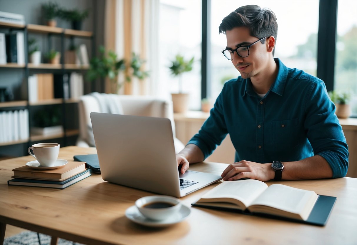 A person sitting at a desk with a laptop, books, and a cup of coffee, surrounded by a cozy home office setup