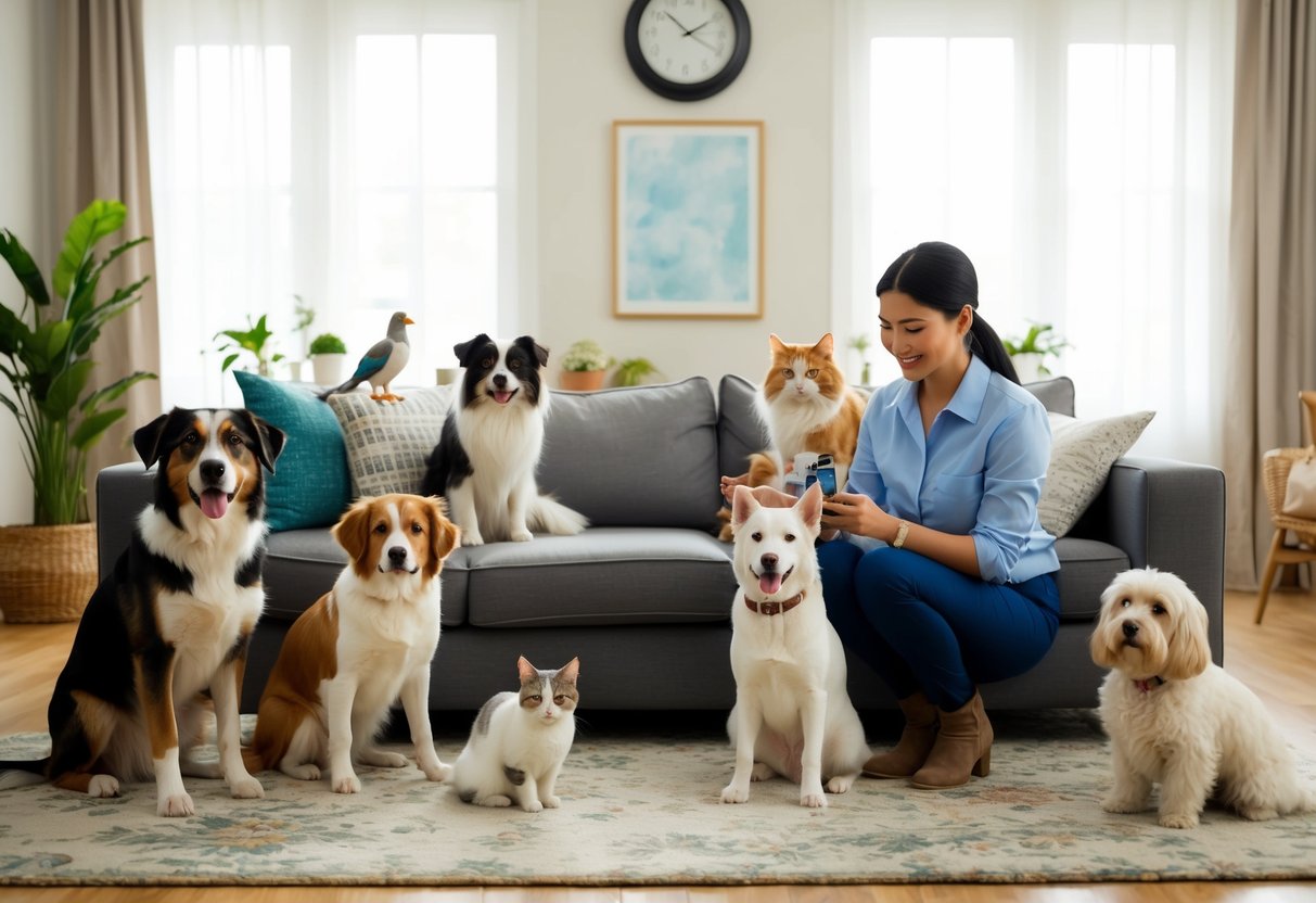 A cozy living room with a variety of pets - dogs, cats, birds, and fish - being cared for by a pet sitter while the owner is away