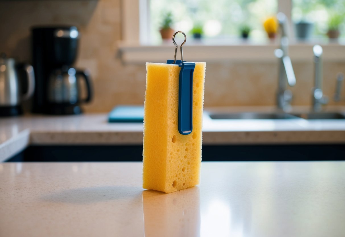 A sponge is held upright by a binder clip on a countertop